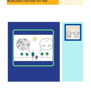 Op de afbeelding: Illustratie met de tekst "Mindfulness Exercises for Kids". De afbeelding toont een persoon en een hond die langs bomen lopen, met gedachtebubbels die verschillende objecten en een zonnige dag uitbeelden. Een kleine tekening van twee mediterende kinderen is ook inbegrepen.