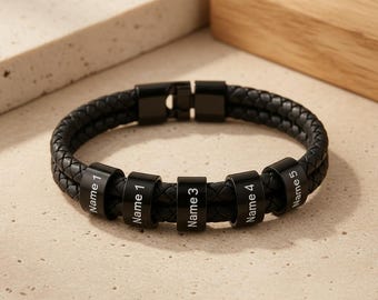 Personalisiertes Lederarmband Individuelle Name Perlen Gravur Geschenk Papa Mann Freund Vatertag