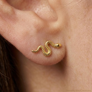 Peut inclure: Une boucle d'oreille en forme de serpent doré. La boucle d'oreille est une représentation détaillée d'un serpent, avec un corps texturé et une petite tête arrondie. La boucle d'oreille est portée sur une oreille.