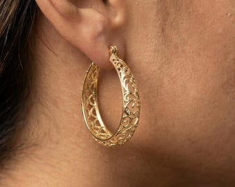 Orecchini a cerchio vintage in oro con filigrana, gioielli di tendenza, eleganti cerchi cavi da donna