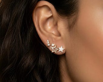 Pendientes trepadores con forma de estrella, circonitas cúbicas, minimalistas, dorados y plateados, delicados, joyería celestial para mujer.
