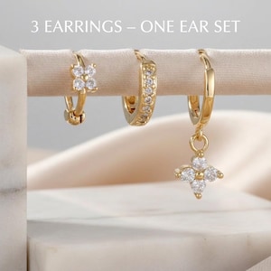 Juego de aretes de acero inoxidable chapados en oro de 18 quilates: flor, aro y circonita, joyería hipoalergénica (3 piezas)