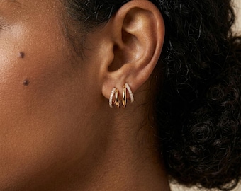 New Gold Double Hoop Earrings • Cubic Zirconia Huggies • Waterproof Stainless Steel Jewelry