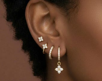 Gold Hoop Earrings Set Dainty Huggie Hoops CZ Flower Stack Minimalist Jewelry Gift Women