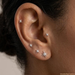 Silver Star Stud Earrings Minimalist Cartilage Helix Tiny Dainty Jewelry Gift Women