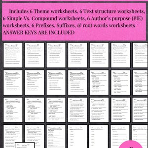 May include: A set of 31 worksheets for 4th grade mini lessons. The pink banner at the top reads "4th Grade Mini Lesson Pack". The worksheets cover themes, text structure, simple vs. compound sentences, author's purpose, prefixes, suffixes, and root words. Answer keys are included.