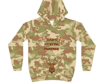 Sudadera con capucha "El compañero de caza de papá" / Diseño de cuernos de ciervo camuflado para niños