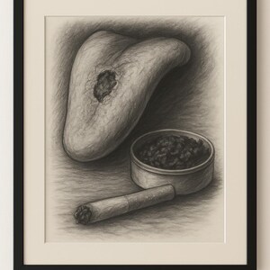May include: A framed pencil drawing in monochrome. It depicts a large, abstract shape with a dark area, a small tin containing dark material, and a rolled cigarette.