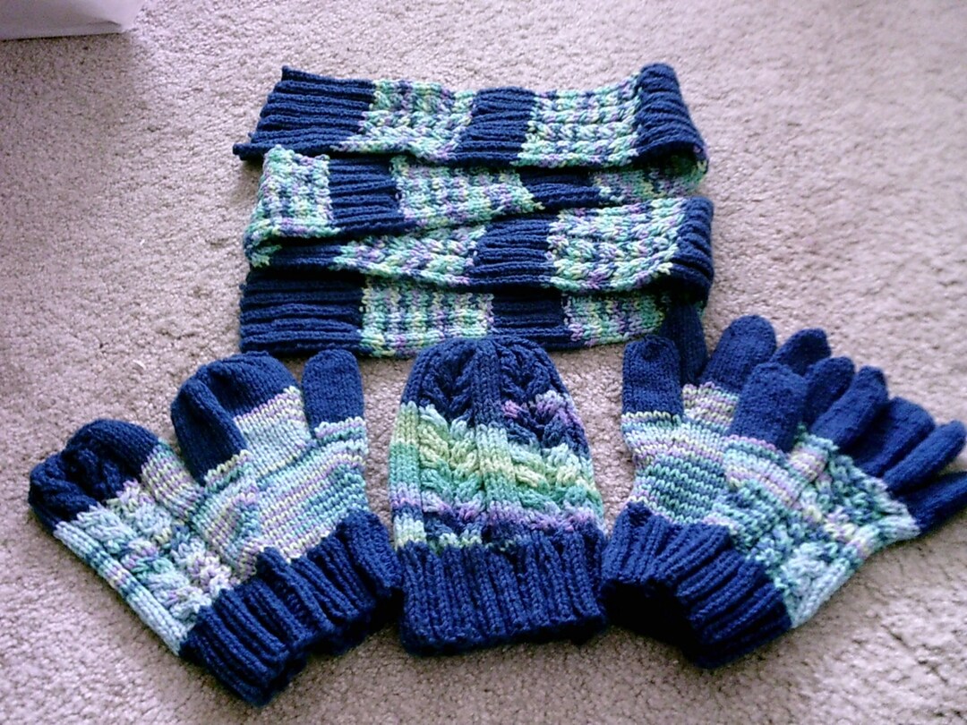 Hat Glove Mittens and Scarf Set in Royal Blue and Wildflower Etsy