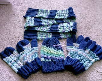 Hat Glove Mittens and Scarf Set in Royal Blue and Wildflower