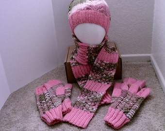 Coral Pink and Pink Camo Scarf/Hat/Glove/Mittens Set