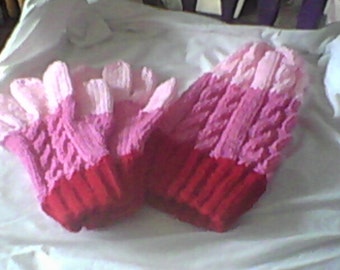 hat and glove set in 3 colors of pink, cable pattern