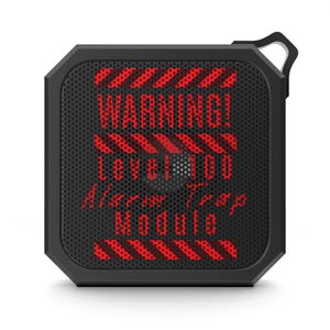 May include: Black, square speaker with a red warning message. The text "WARNING! Level 100 Alarm Trap Module" is displayed in red on the speaker's front. The speaker has a black frame and a small loop for hanging.