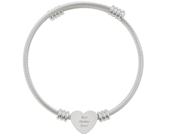 Brazalete de corazón grabable / Brazalete de cable de plata o oro