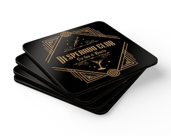 Juego de posavasos de corcho estilo Art Déco Desperado Club / Decoración de bar en negro y dorado