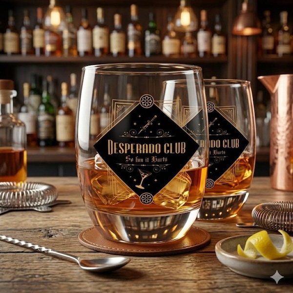 Desperado Club logo Whiskey Glass | Retro Barware Home Decor, Cocktail Rocks Glass for DungeonCrawlers Great for dungeoncrawling