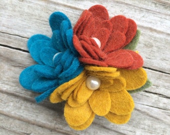 Beautiful Gold Rust Turquoise Wool Felt Fall Flower Trio Newborn, Babies,Toddlers, Girls