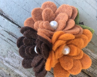 Beautiful Fall Brown Copper Pumpkin Wool Felt Flower Trio Hair Clip Babies,Toddlers, Girls