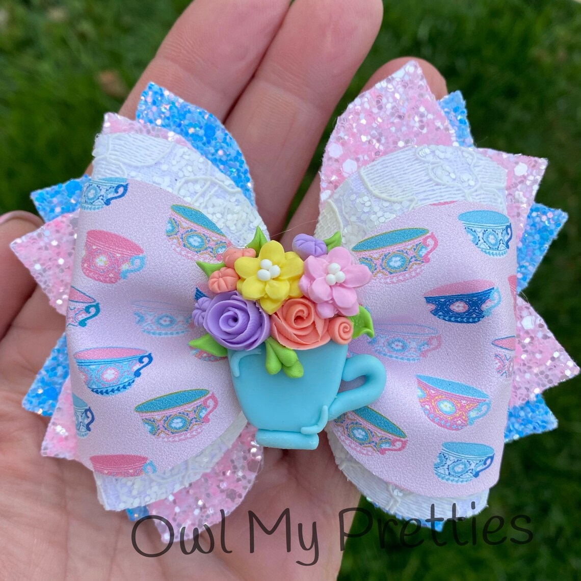 Tea Party Hair Bow Tea Cup Hair Bow Glitter Hair Bow Floral Etsy