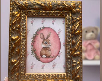 ティーローズ生地に描かれたイースターバニーの油絵 - 春のファインアート、母の日ギフト