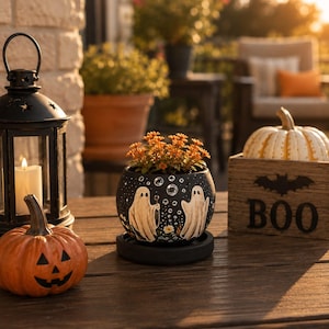 May include: A round black ceramic planter featuring hand-painted white ghosts, small flowers, and clear bubble accents. The planter holds small orange flowers and sits on a matching black circular saucer, creating a decorative seasonal display.