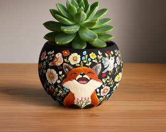 手描きのキツネと花と鳥の多肉植物プランターボウル – Whimsical Spring Woodland Pottery