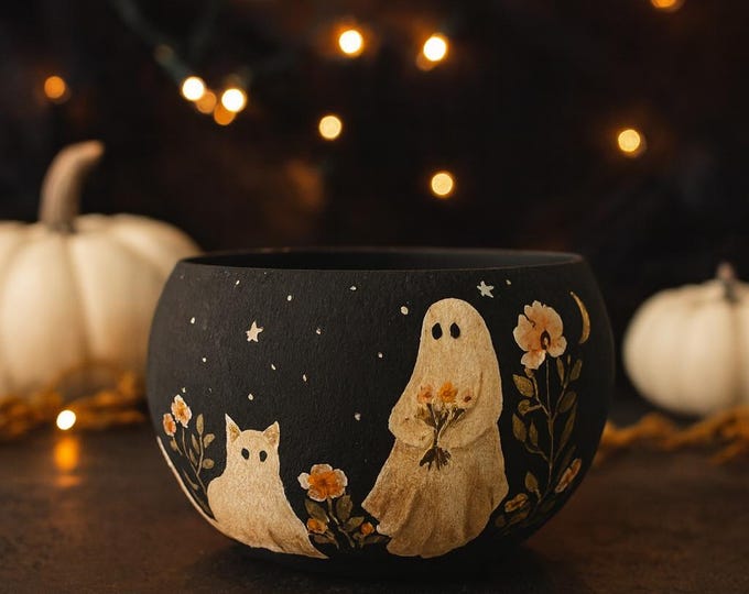 Hand-Painted Ghost and Cat Bowl Planter with drainage  – Halloween Decor