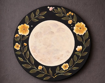 アクリルまたは油彩の満月と花柄の春の絵画 – 黒い植物画の壁掛けアート