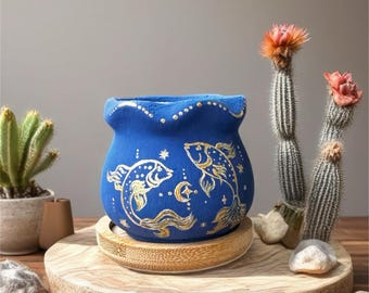 占星術サイン セラミック製魚座プランター – 金魚の占星術鉢（竹製受け皿付き）