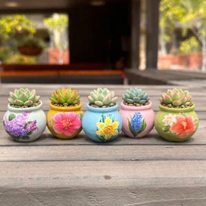 Puede incluir: Cinco pequeñas macetas redondas pintadas a mano con suculentas en fila. Cada maceta es de un color diferente: blanco, amarillo, azul, rosa y verde. Cada maceta presenta un diseño floral diferente, con una suculenta encima.