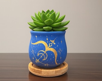 金色の星座射手座デザインと竹製のベース付き陶器ポット、占星術のホームデコレーション