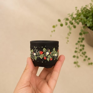 Hand-Painted Ceramic Strawberry Planter – Cottage Core Pot with Saucer