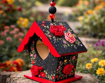 手描きの花柄の鳥小屋オーナメント – バレンタインデーギフト、春の装飾