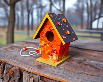 手描きの秋の鳥小屋：キノコを使った素朴な秋の装飾