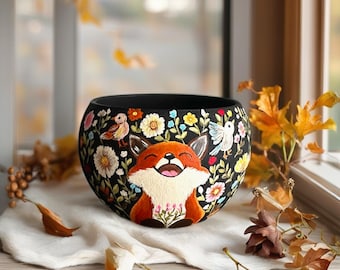 Hand-Painted Fox  with Flowers and Birds Succulent Planter Bowl – Whimsical Spring Woodland Pottery