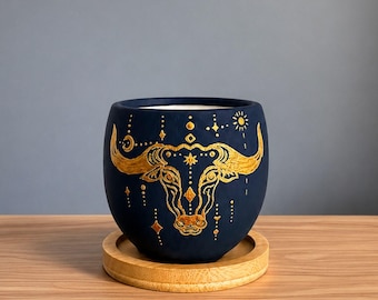 Handmade Taurus Zodiac Ceramic Planter with Bamboo Saucer - Astrology Indoor Planter - Boho Home Decor Gift
