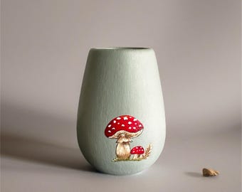 Hand-Painted Mushroom Ceramic Vase | Rustic Decor | Fairy Cottage core Bud Vase | Minimal Farmhouse Accent