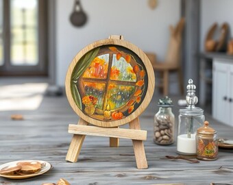 手描きの秋のイーゼルアート：素朴なカボチャの窓辺の風景