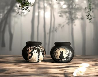 手描きのハロウィーン陶器瓶：ゴーストと猫の陶器セット