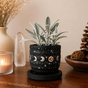 Hand-Painted Celestial Moon Phase Ceramic Planter | Black Lunar Star Design with Bamboo Tray