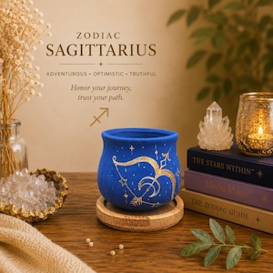 Könnte beinhalten: Ein blauer Keramiktopf mit einem goldenen Schützen-Bogen-und-Pfeil-Motiv auf einem runden Holzsockel. Der Text darüber lautet ZODIAC SAGITTARIUS, ADVENTUROUS, OPTIMISTIC, TRUTHFUL, Honor your journey, trust your path, ergänzt durch ein Schützen-Symbol.