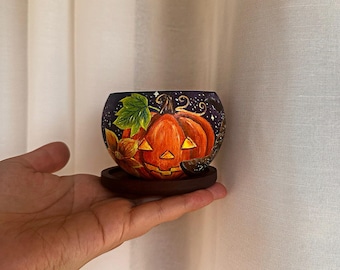 手描きのジャック・オー・ランタンかぼちゃボウル：不気味なハロウィーンのデコレーション