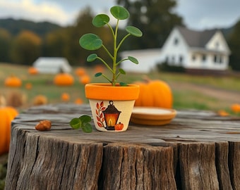 手描きの秋のランタンテラコッタプランター：素朴なカボチャの装飾｜感謝祭のギフト