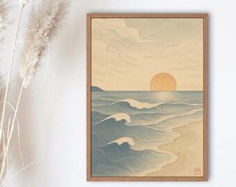 Puede incluir: Una impresión artística enmarcada que representa una serena escena oceánica. La obra presenta un sol dorado que se pone sobre el mar, con olas estilizadas en tonos azules y una playa arenosa. La impresión está encerrada en un marco de madera marrón claro.