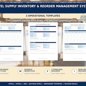 Könnte beinhalten: Ein Hotel-Inventar- und Nachbestellungs-Managementsystem mit drei operativen Vorlagen: Inventarliste, Nachbestellungsformular und Wareneingangsprotokoll. Enthält druckfertige PDF-Dateien, bearbeitbare Word-Dateien und eine Anleitung.