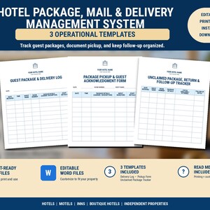 May include: A hotel package, mail, and delivery management system featuring three operational templates: a guest package and delivery log, a package pickup and guest acknowledgment form, and an unclaimed package, return, and follow-up tracker.