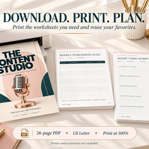 May include: A digital content planner set featuring a cover page titled The Content Studio with a microphone graphic, a Weekly Publishing Plan worksheet, and a Short Video Script worksheet. Includes text: Download. Print. Plan. 26-page PDF, US Letter.