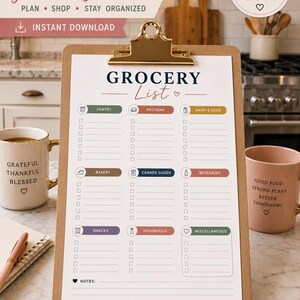 May include: A printable grocery list on a wooden clipboard with a gold clip. The list features categorized sections for pantry, proteins, dairy and eggs, bakery, canned goods, beverages, snacks, household, and miscellaneous items with checkboxes.