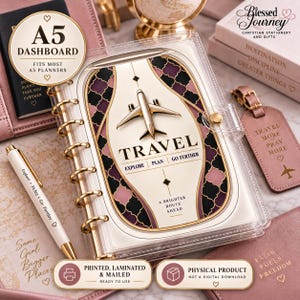 May include: An A5 dashboard for planners featuring a travel theme with a central aeroplane icon, the text TRAVEL, EXPLORE, PLAN, GO FURTHER, and A BRIGHTER ROUTE AHEAD. The design includes a cream background with black and mauve quatrefoil patterns.