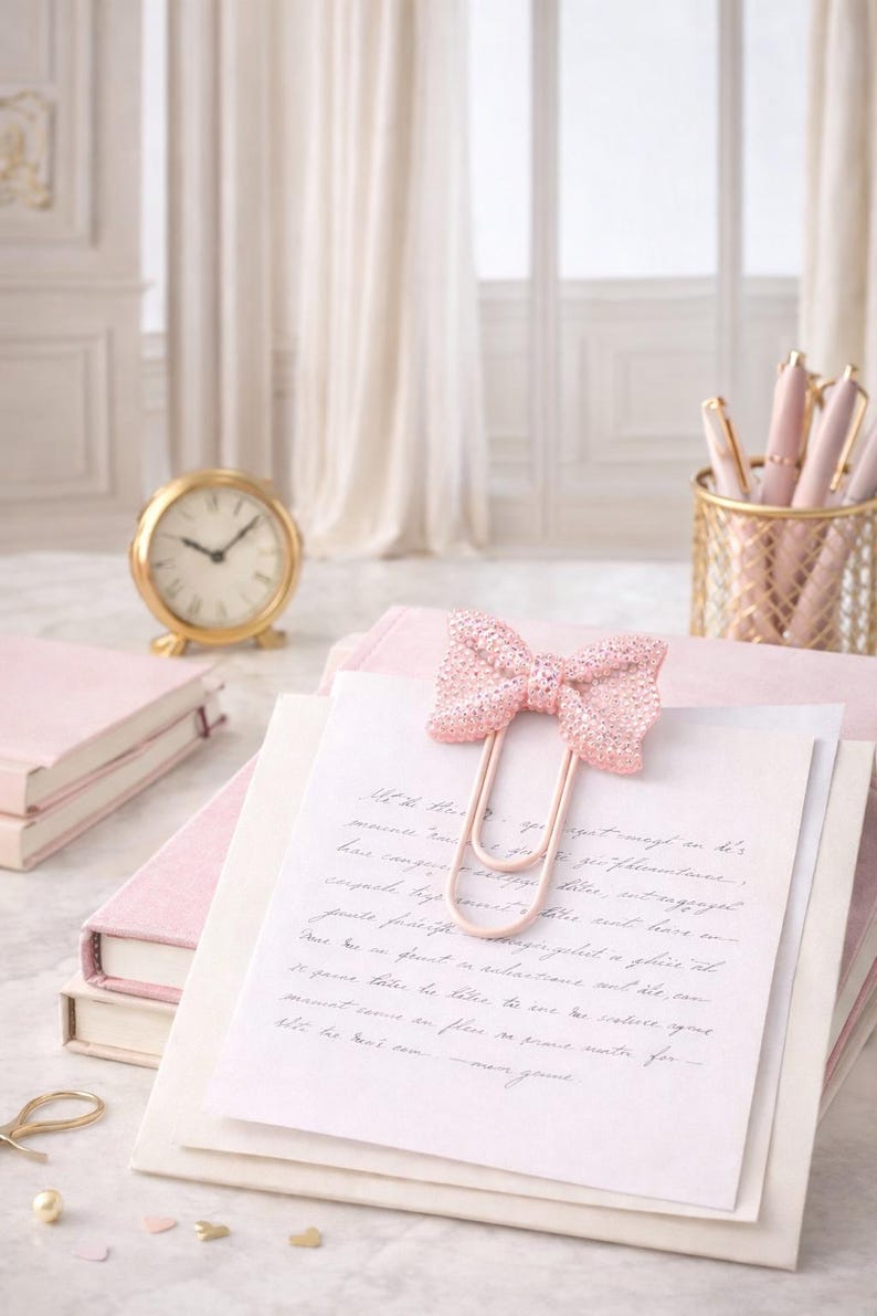 May include: A pink glitter bow paper clip securing papers with handwritten script. A gold clock, pink pens in a wire basket, and pink notebooks are also visible.